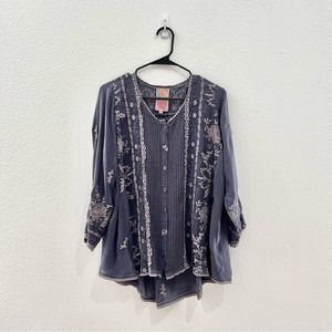 Johnny Was Blue Grey Long Sleeve Floral Embroidered Button Down Shirt Size XS